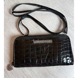 Brighton Black Croc Embossed Leather Crossbody Wallet Organizer Heart Charm